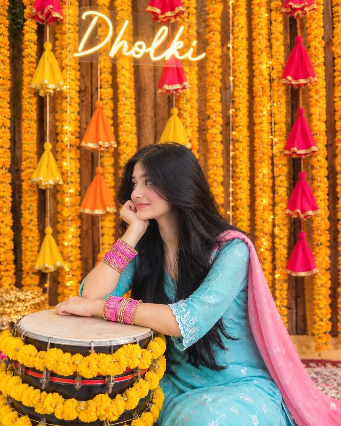 Create an ultra-realistic, high-detail vertical portrait photograph (4:5) of a young South Asian girl sitting gracefully in a beautifully