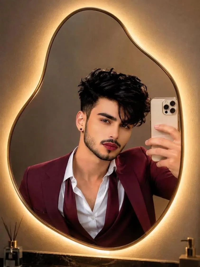 A highly realistic mirror selfie of a handsome young man with thick, voluminous, styled dark hair, faded sides, a sharply trimmed beard,