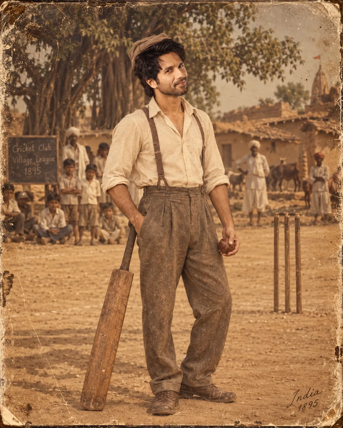 Photorealistic authentic 1895 Indian historical photograph of a young village cricketer standing proudly on an old dusty cricket ground,