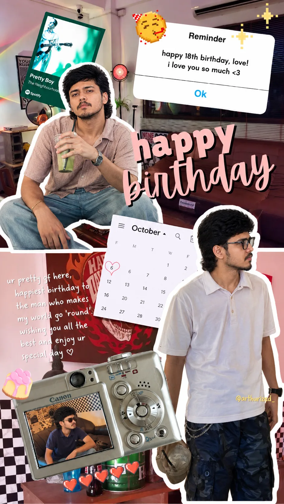 Create a photorealistic vertical birthday-themed scrapbook collage featuring the same young Indian man consistently throughout the
