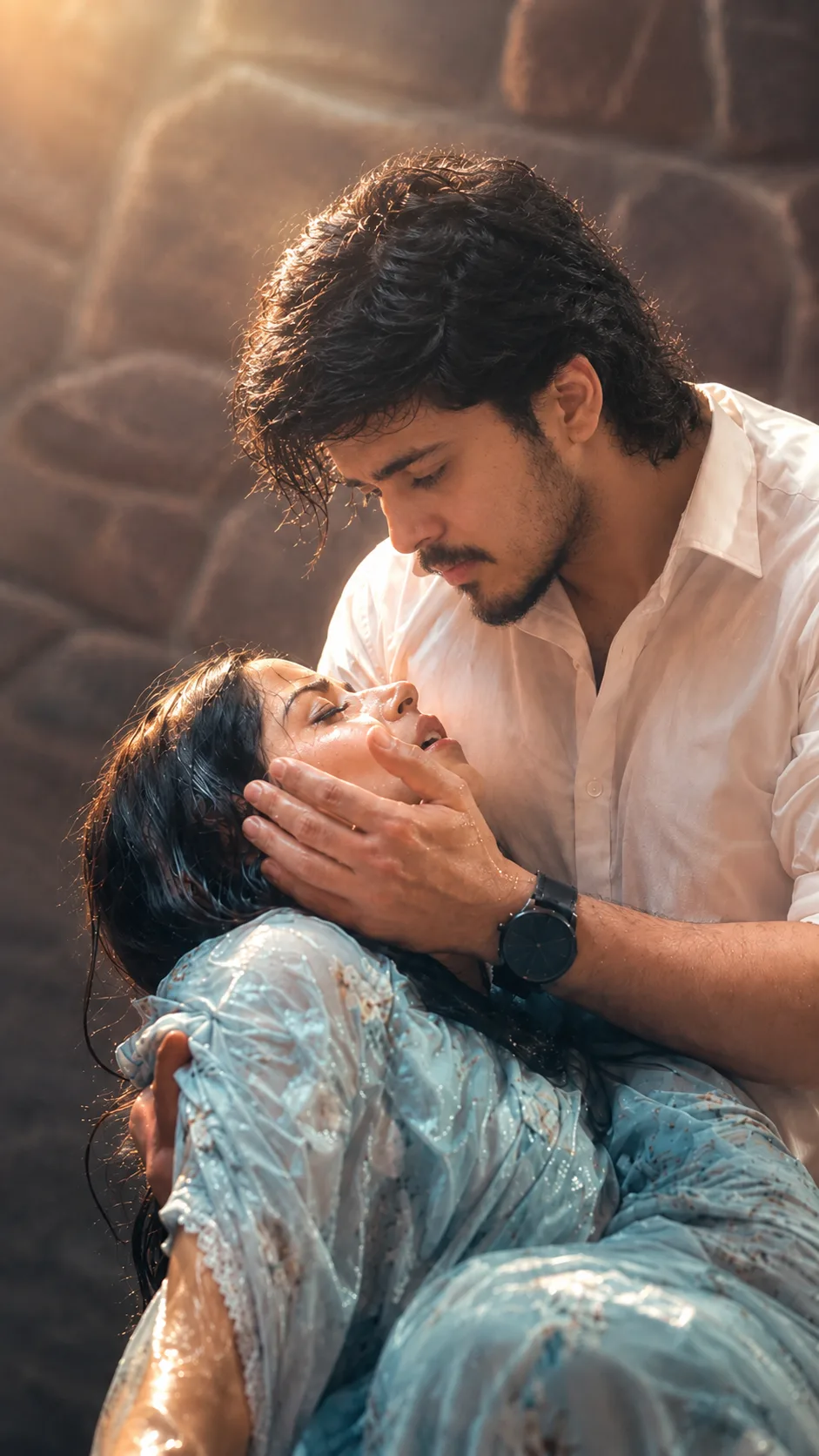 Romantic Cinematic Couple Portrait – A Tender Rainy Moment