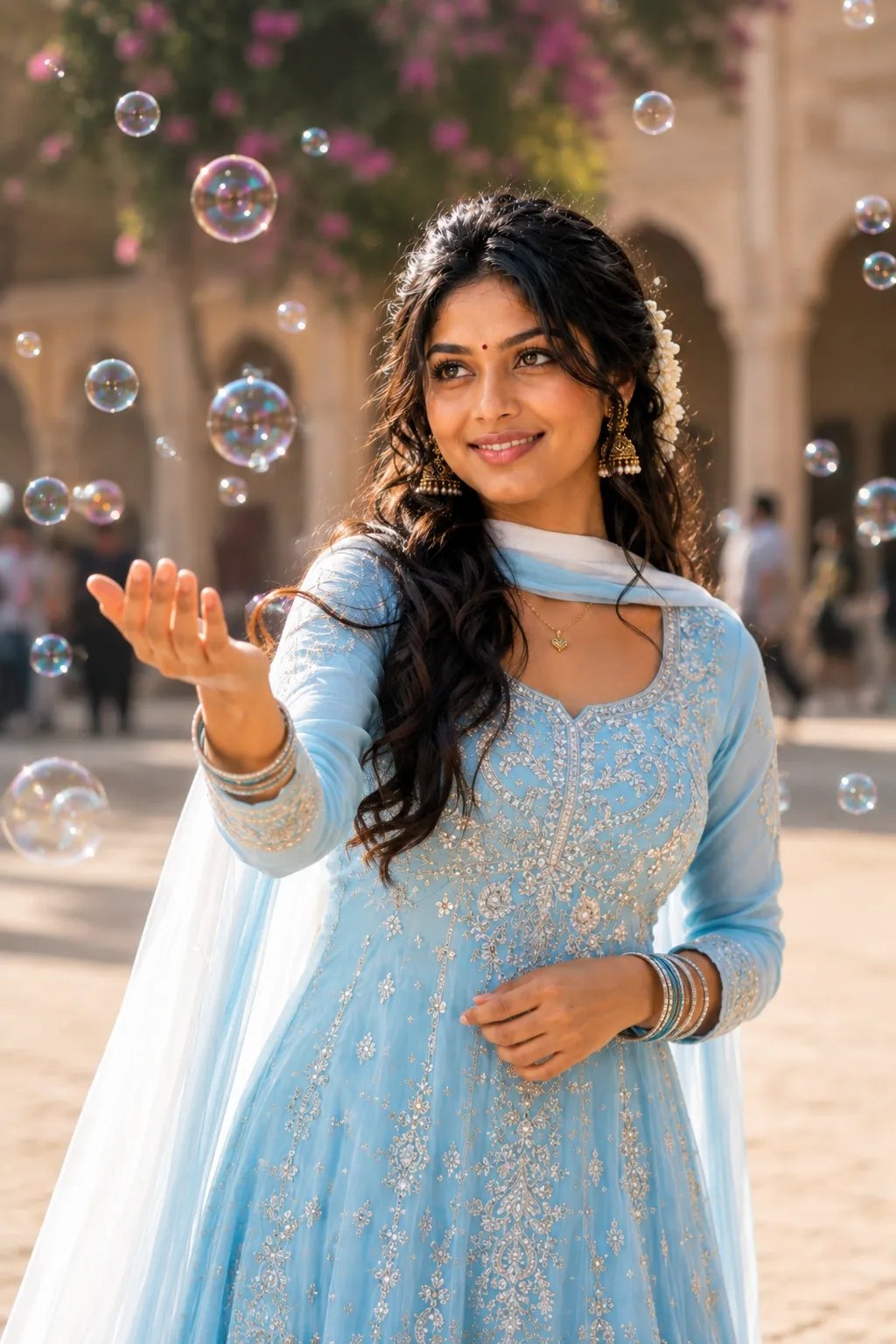 π«§π«§π«§π«§ πππ π«§π«§π«§π«§ Create an image smiling warmly as she interacts with floating bubbles in an outdoor plaza.