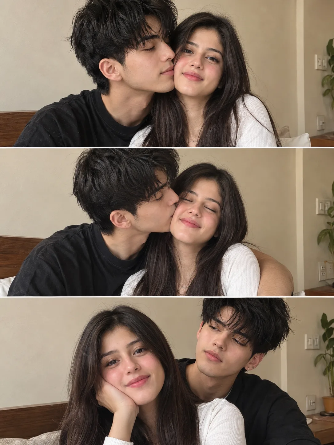 Ultra realistic photograph of a young Indian couple creating a natural romantic three-panel vertical photo collage indoors, shot on a real