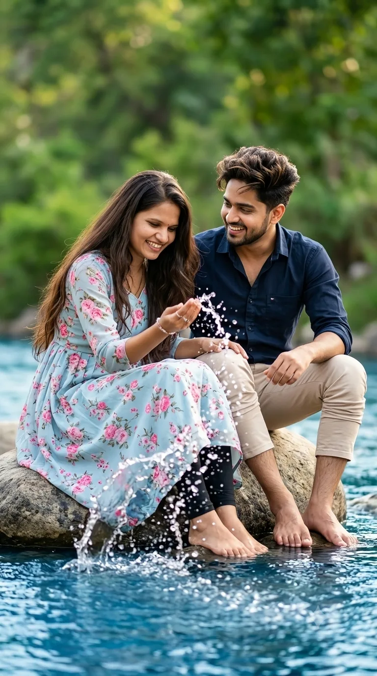 A beautiful romantic candid lifestyle portrait of a young South Asian couple sitting by a crystal-clear blue river, splashing water and