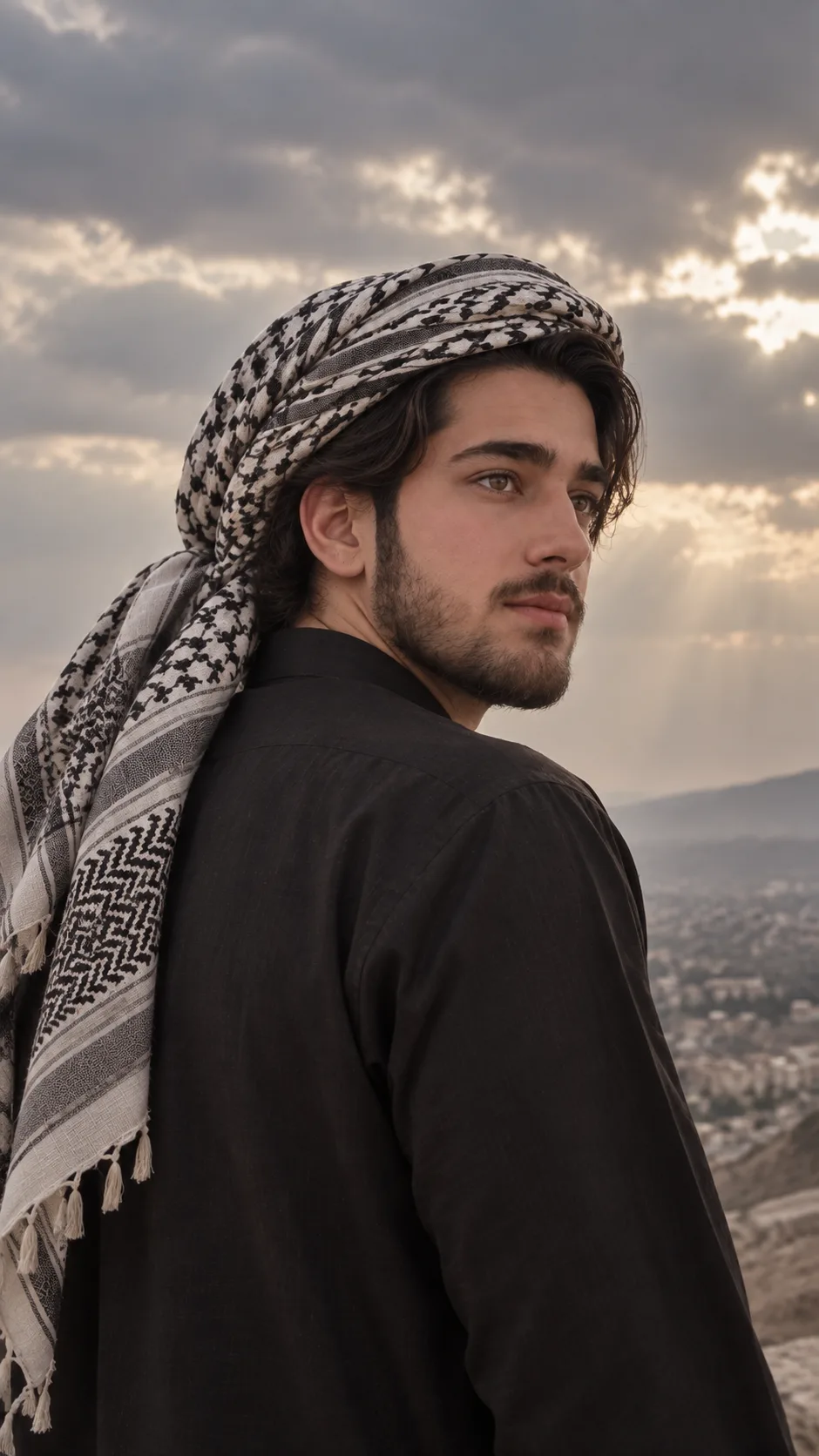 Ultra-realistic cinematic portrait of a young Middle Eastern/South Asian man standing outdoors, shown from a three-quarter rear angle with