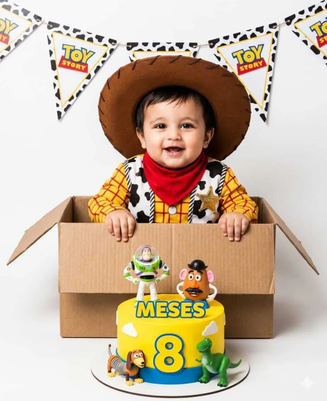 A PROFESSIONAL STUDIO PORTRAIT OF AN ADORABLE, CHUBBY 8-MONTH-OLD BABY BOY CELEBRATING A MILESTONE, THEMED AROUND PIXAR'S "TOY STORY".