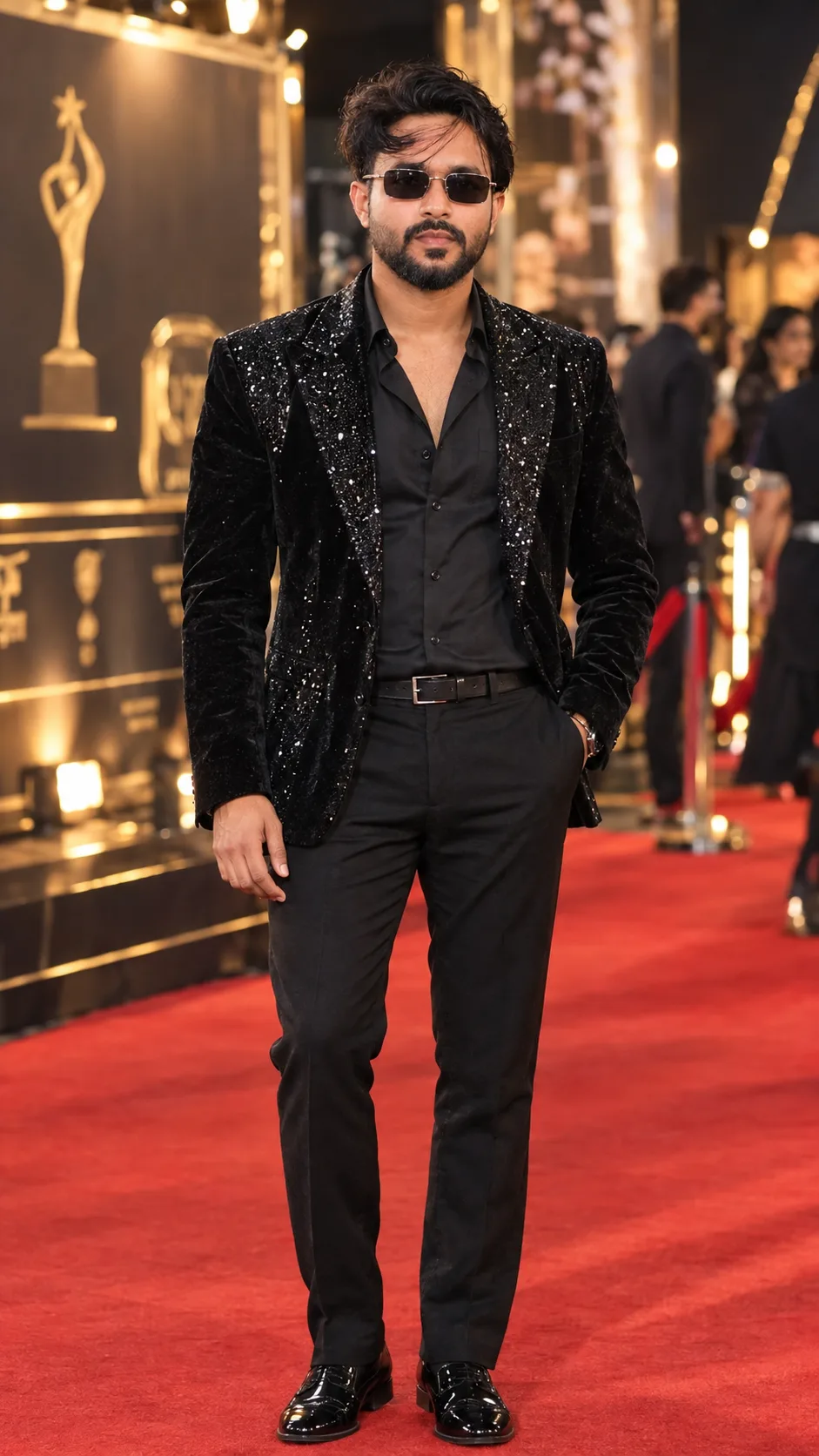 Create an ultra-realistic, high-quality cinematic fashion portrait of a stylish young Indian man standing confidently at a luxurious award