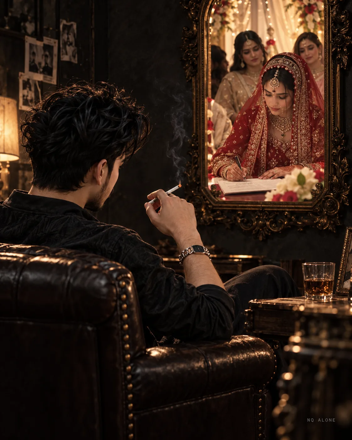 A dark, moody, highly detailed cinematic illustration with a 4:5 aspect ratio, capturing a complex narrative scene.