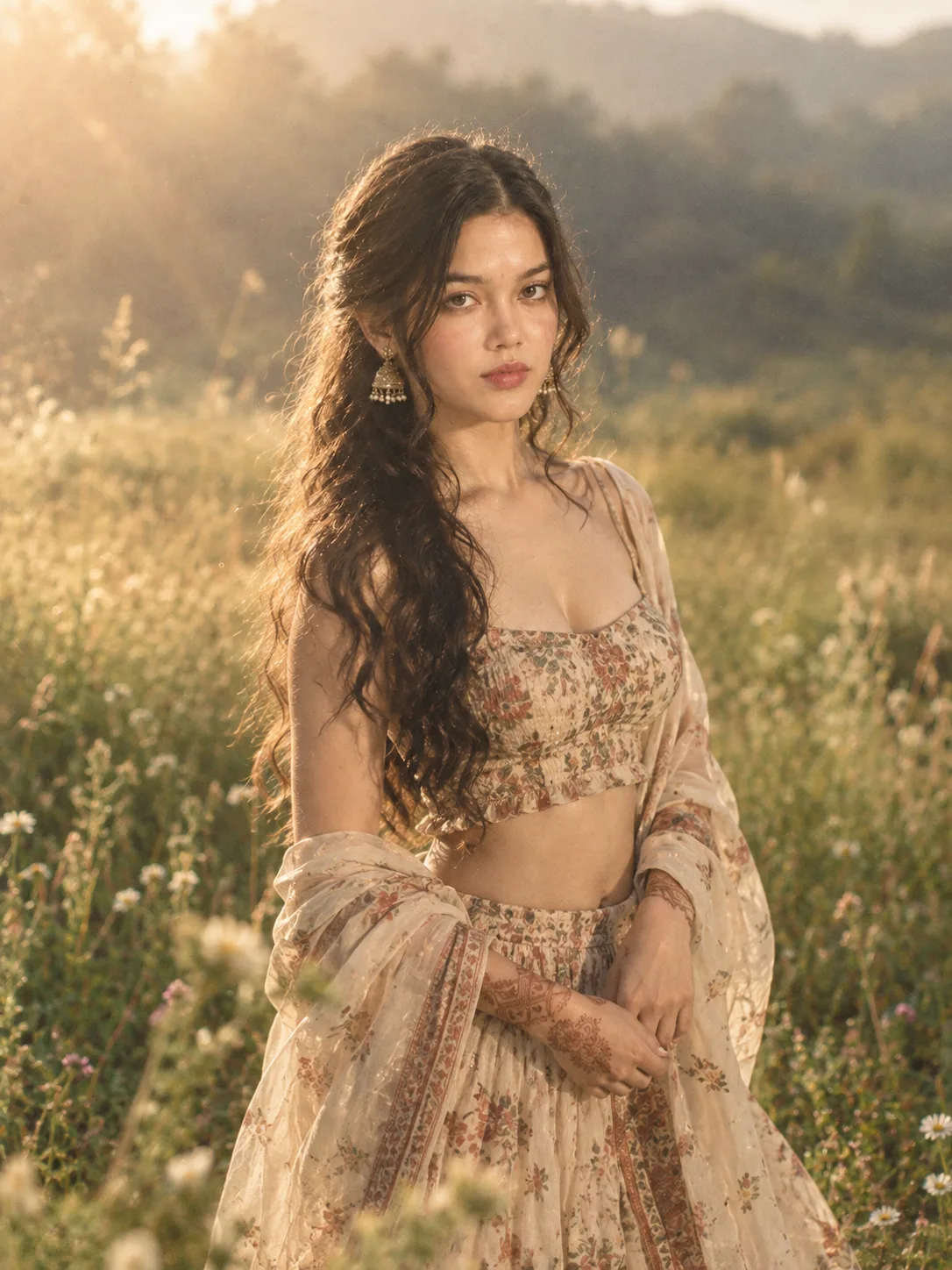 Generate a 4K portrait of a thin desi woman in a boho-chic outfit with flowy fabrics, standing in a meadow with soft sunlight filtering