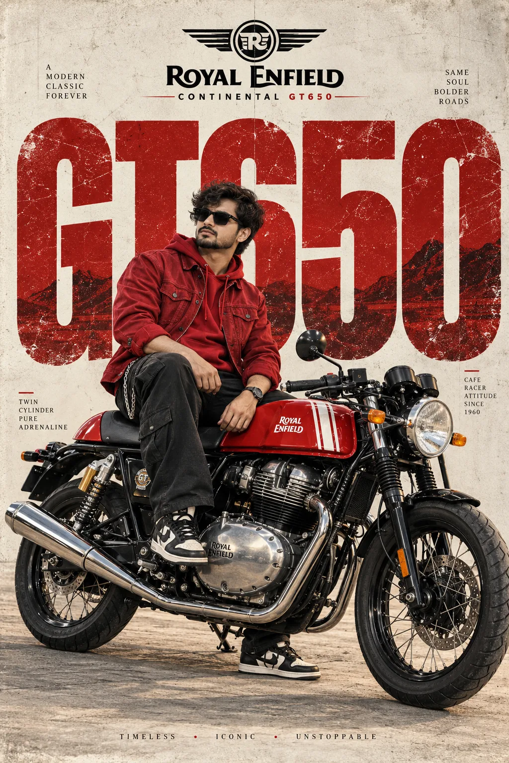 "A photorealistic, vintage-style advertising poster featuring a stylish young man sitting confidently on a red and black Royal Enfield