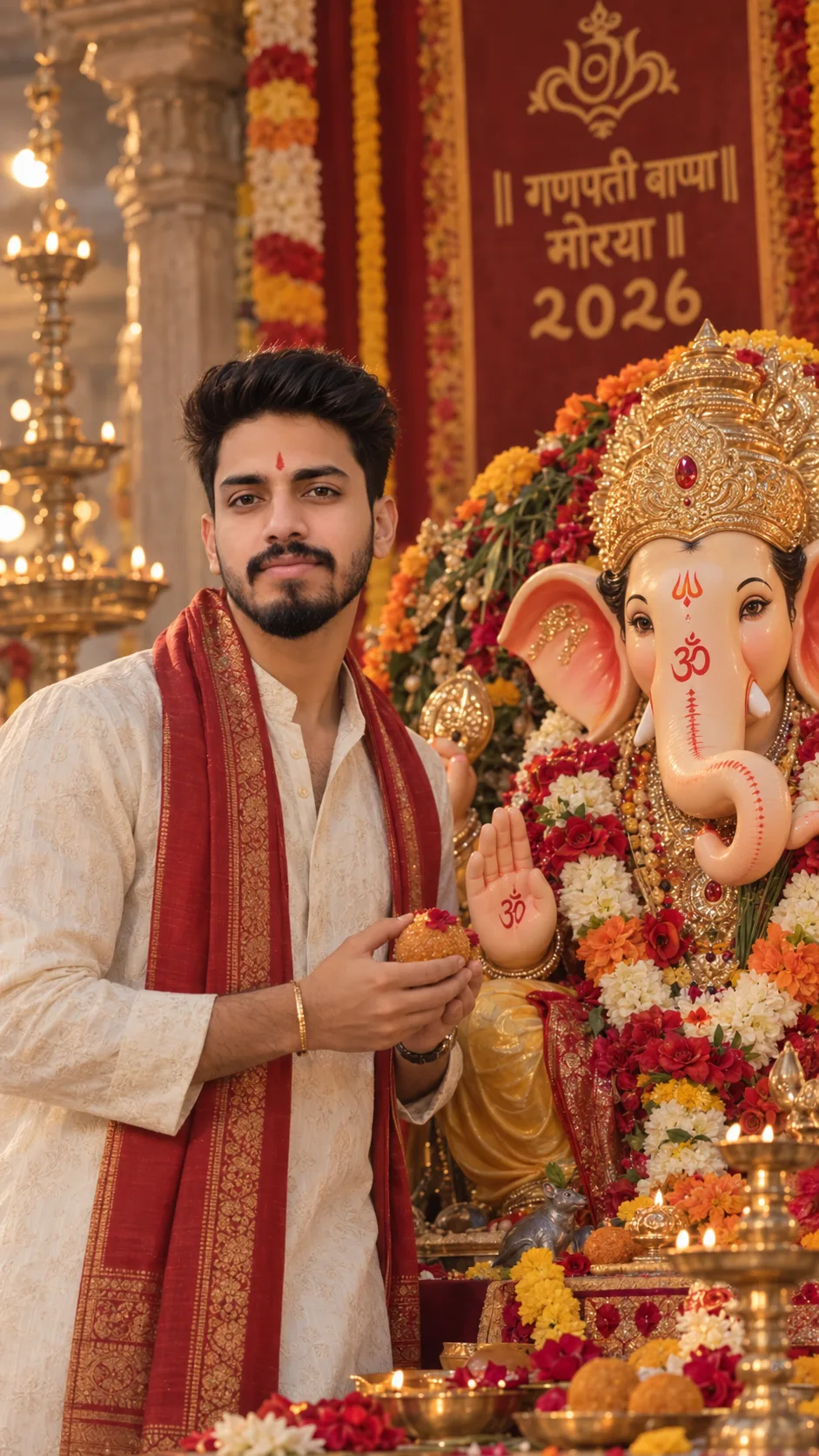 Ultra-realistic 9:16 devotional portrait of a young South Asian man standing closely beside a richly adorned Lord Ganesha idol during the
