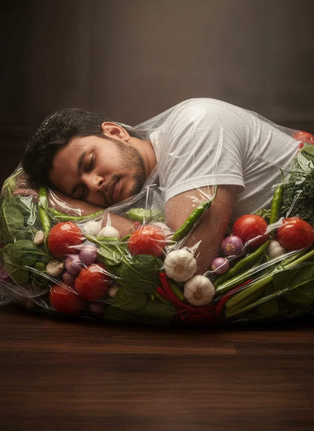 A young man with short dark hair and light stubble lies peacefully asleep on a wooden floor, his body fully enclosed inside a large,