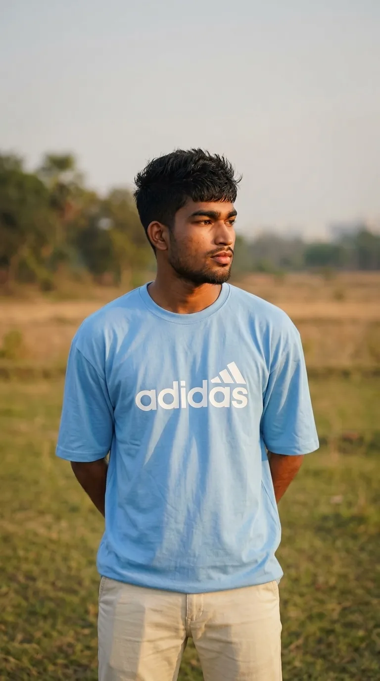Detailed AI Image Prompt: A vertical 9:16 outdoor portrait of a young man standing in a natural open field during late afternoon golden