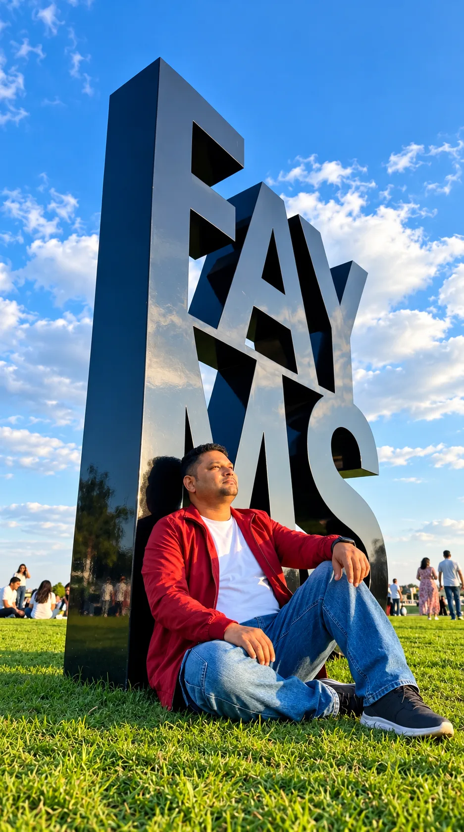 Giant glossy black faymas logo sculpture standing on green grass in a sunny park, young creator sitting on grass leaning against it looking