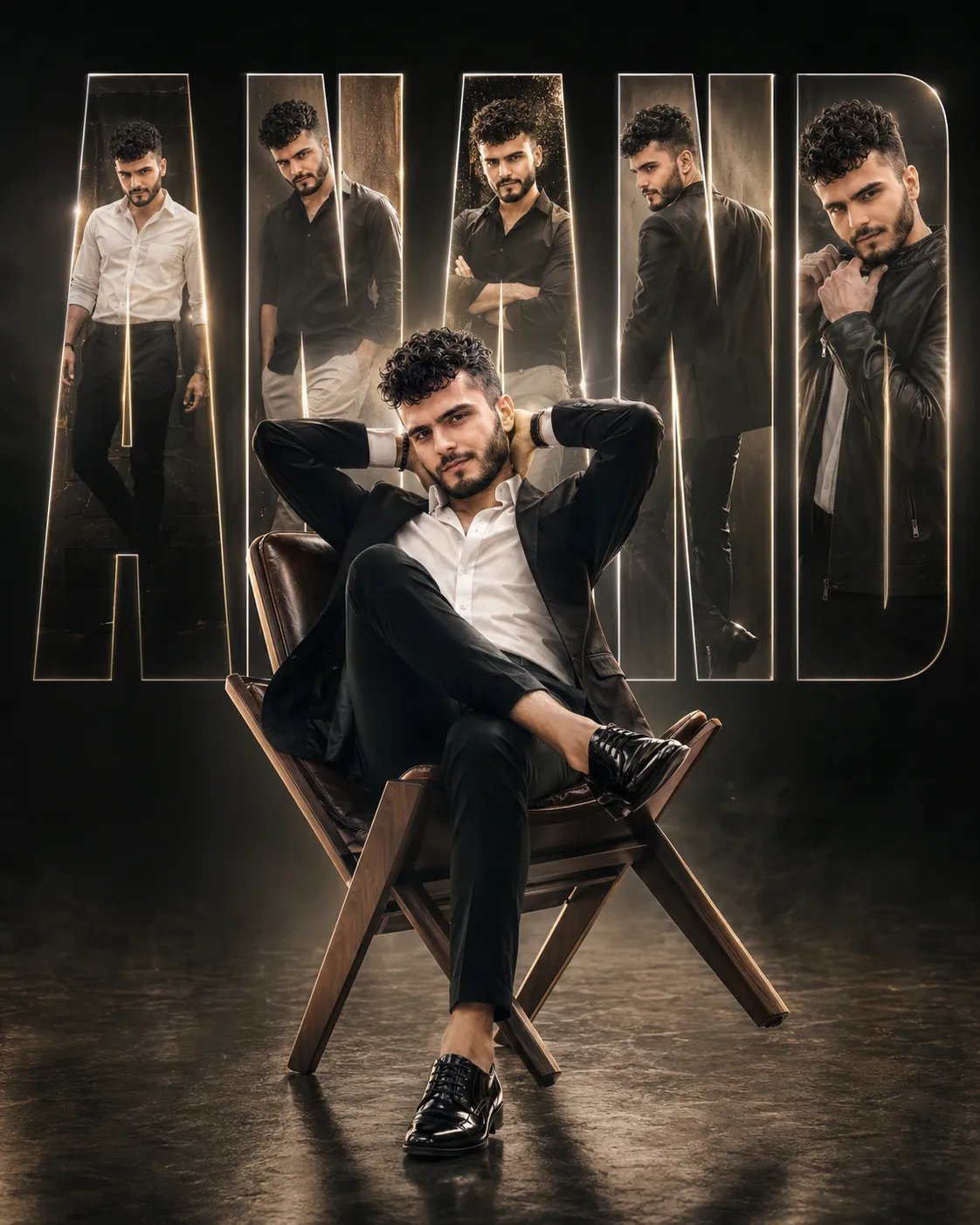 Create an ultra-premium luxury studio poster in vertical 4:5 ratio with me sitting on a modern wooden chair at center, chair tilted