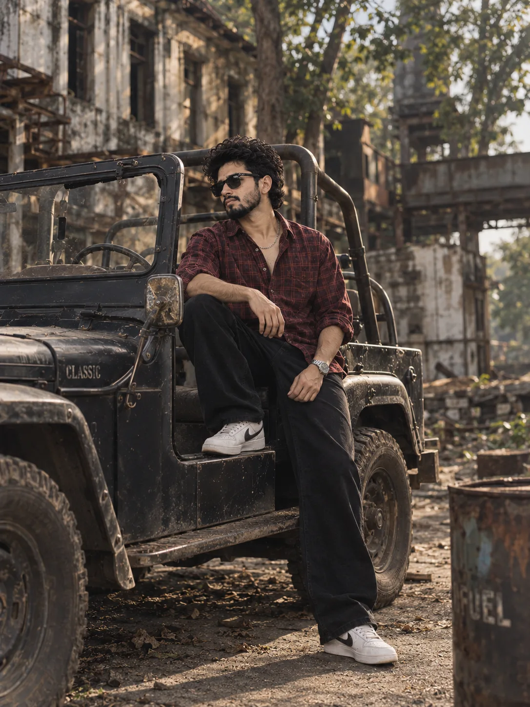 Ultra-realistic cinematic portrait of a stylish young Indian man same face casually on the side step of a vintage matte black off-road Jeep
