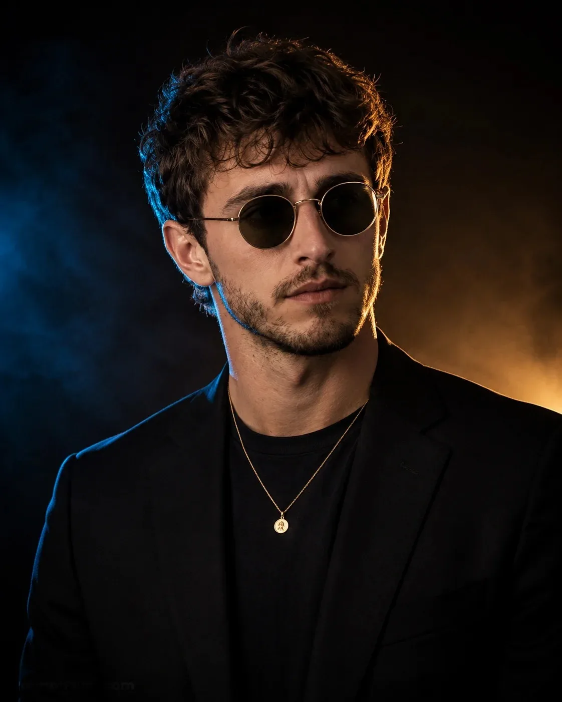 Edit the attached photo of this person into a hyper-realistic luxury editorial studio portrait.