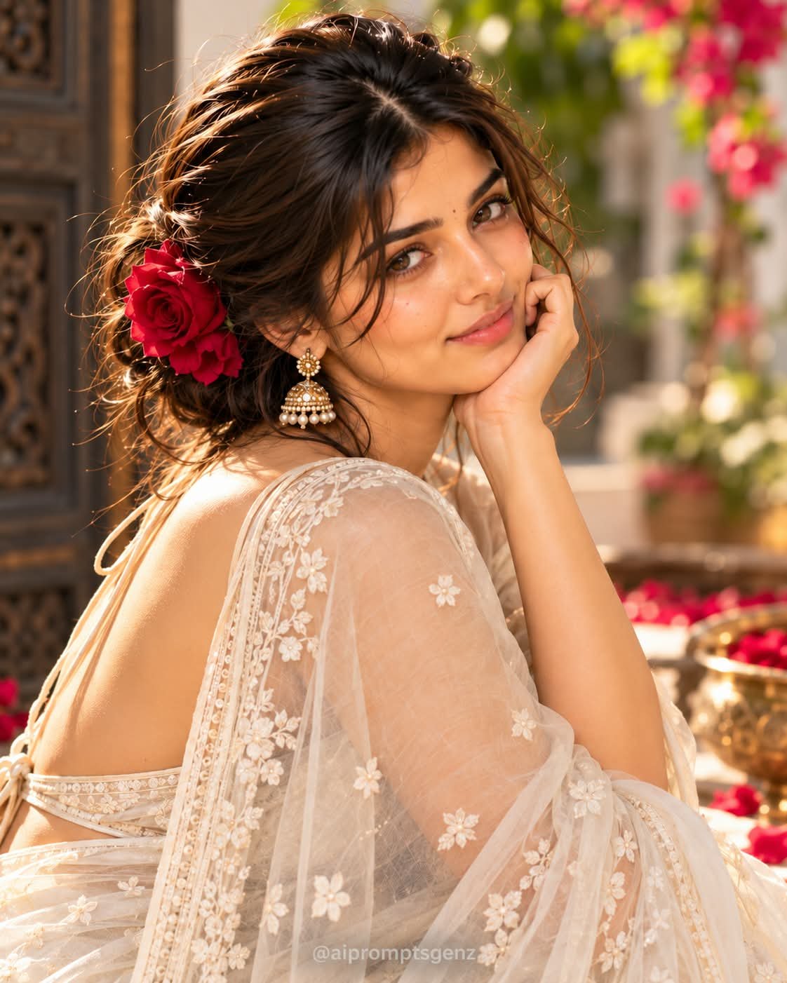 Prompt by @aipromptsgenz Create a photorealistic 4:5 medium close-up portrait of a graceful 25-year-old Indian woman angled slightly to the