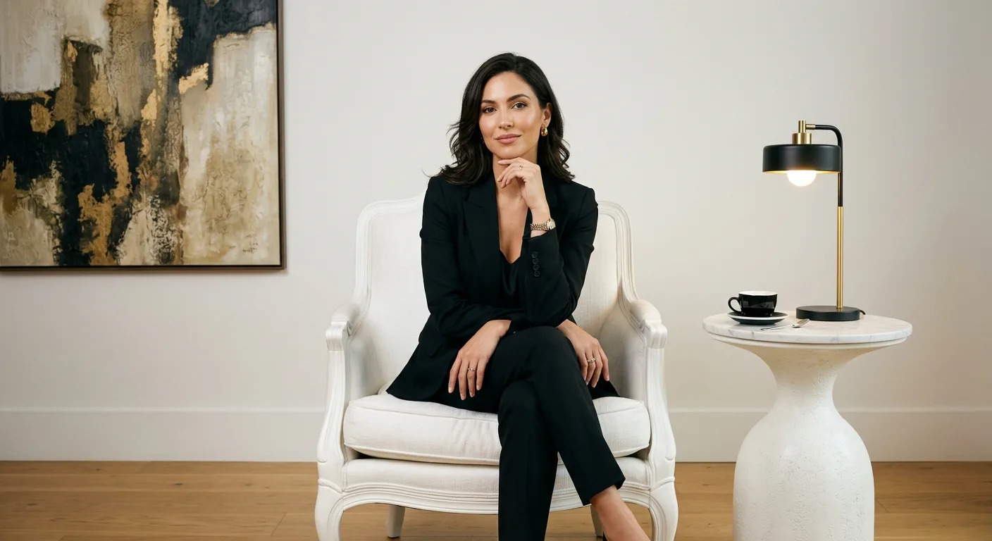 A beautiful, confident woman wearing a black suit sits elegantly on a luxurious white chair that highlights her slim, graceful figure.