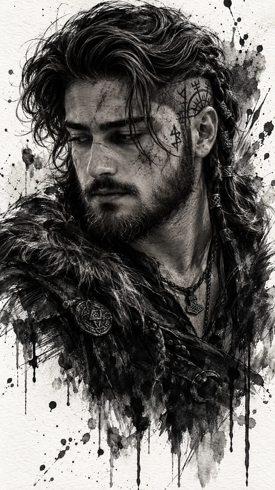 A highly detailed **black-and-white ink wash and pen-and-ink portrait illustration of a rugged Viking-inspired warrior**, shown in a