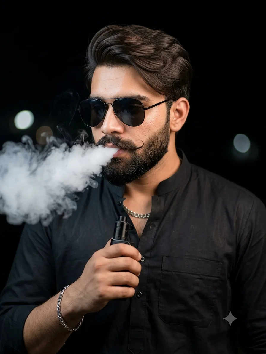 A medium close-up portrait of a handsome 25-year-old South Asian man with perfectly styled, voluminous side-parted dark brown hair.