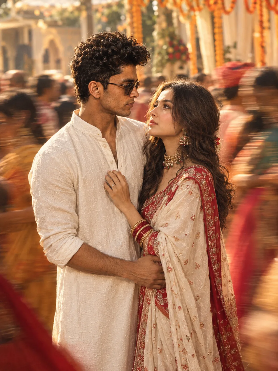 A cinematic Gujarati wedding scene featuring a man and woman dressed in traditional attire, standing still at the center and gazing into
