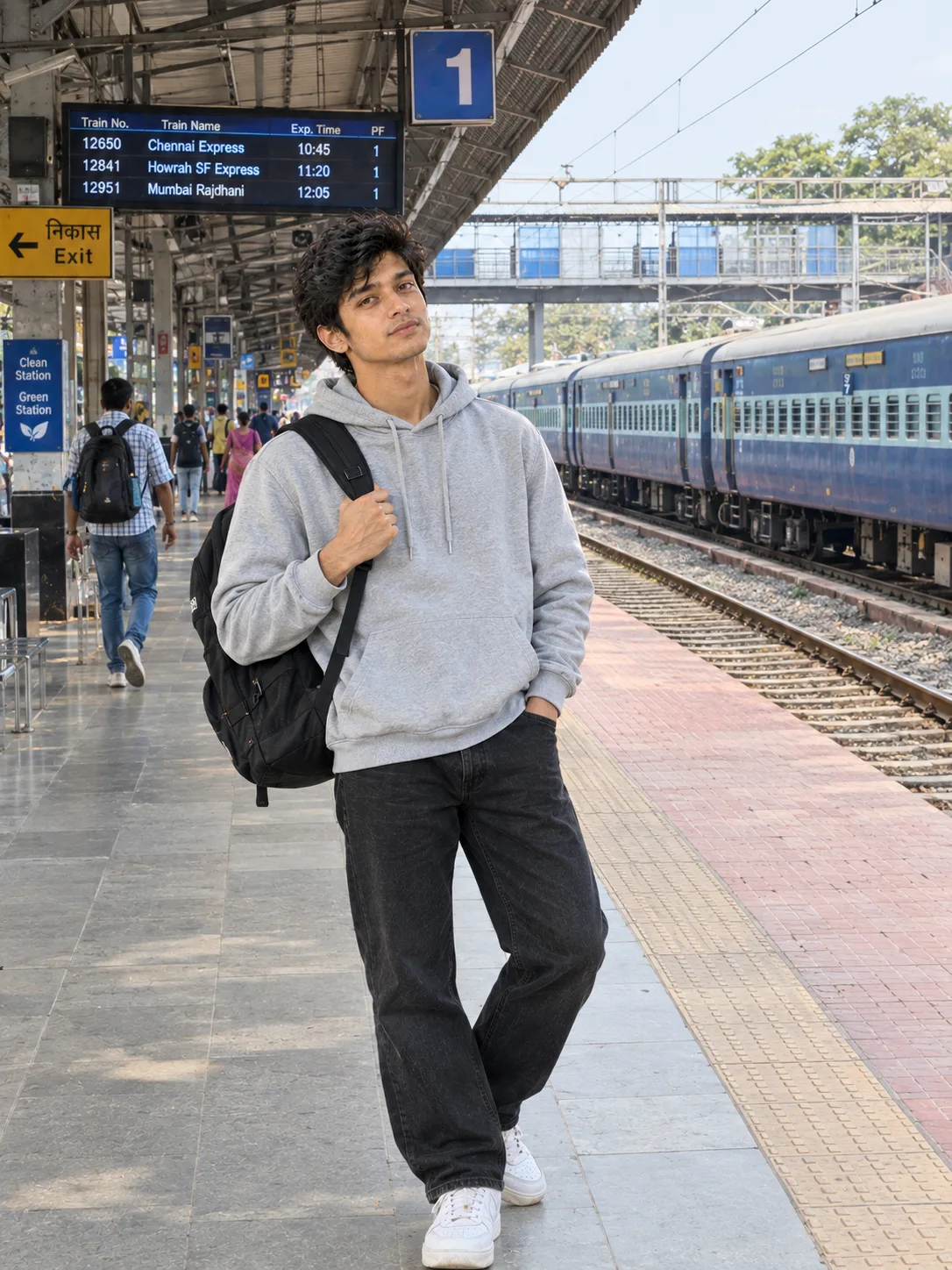 A highly detailed realistic photograph of a young man standing on a railway station platform during daytime.