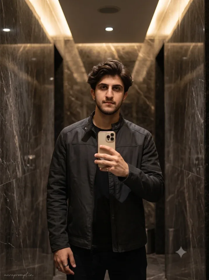 Generate an ultra photorealistic mirror selfie editorial portrait of a young Indian man in his mid twenties with a clean confident presence
