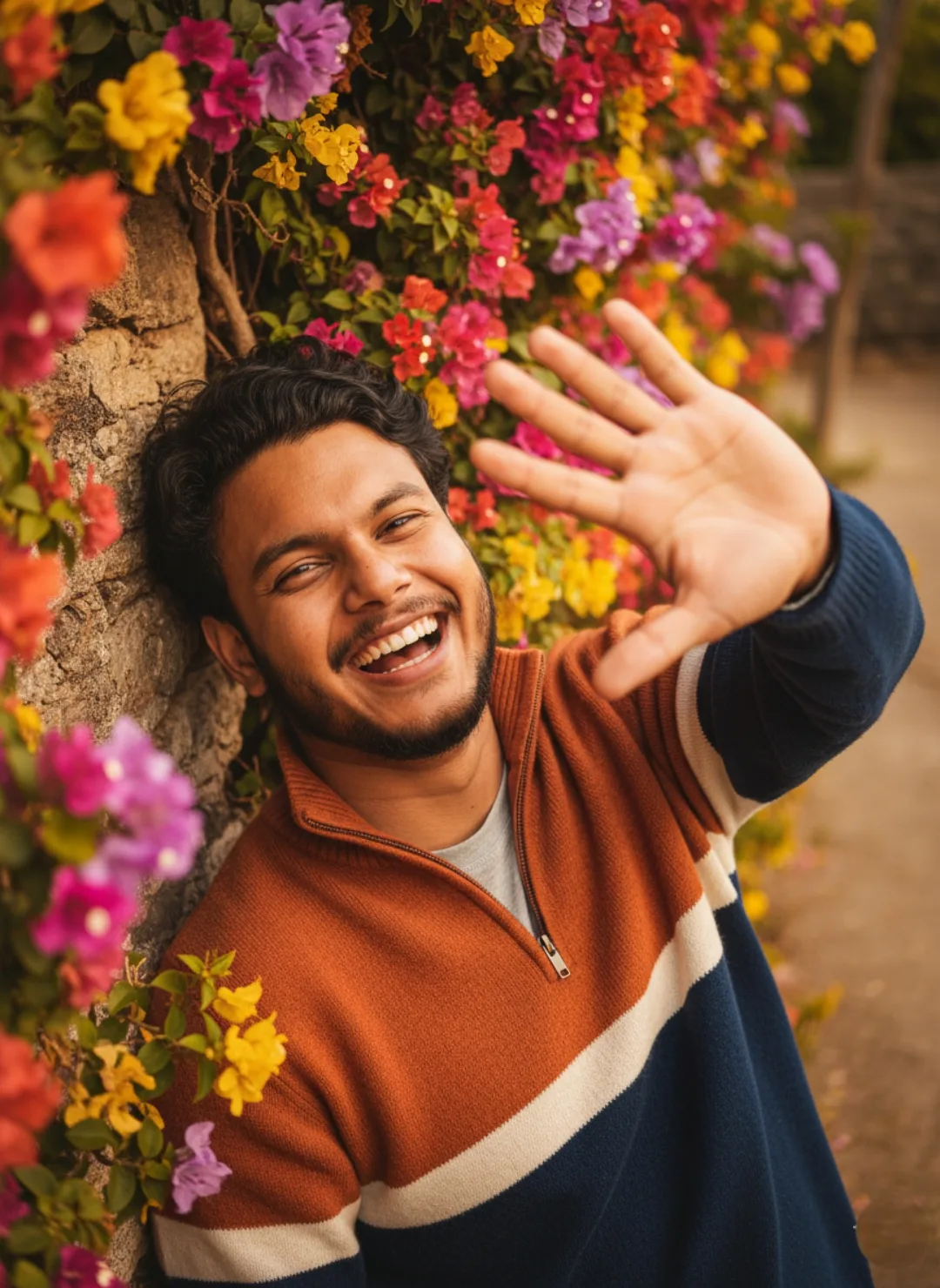 A young South Asian man with short curly black hair and a neat short beard, laughing joyfully with a wide open-mouthed smile showing white