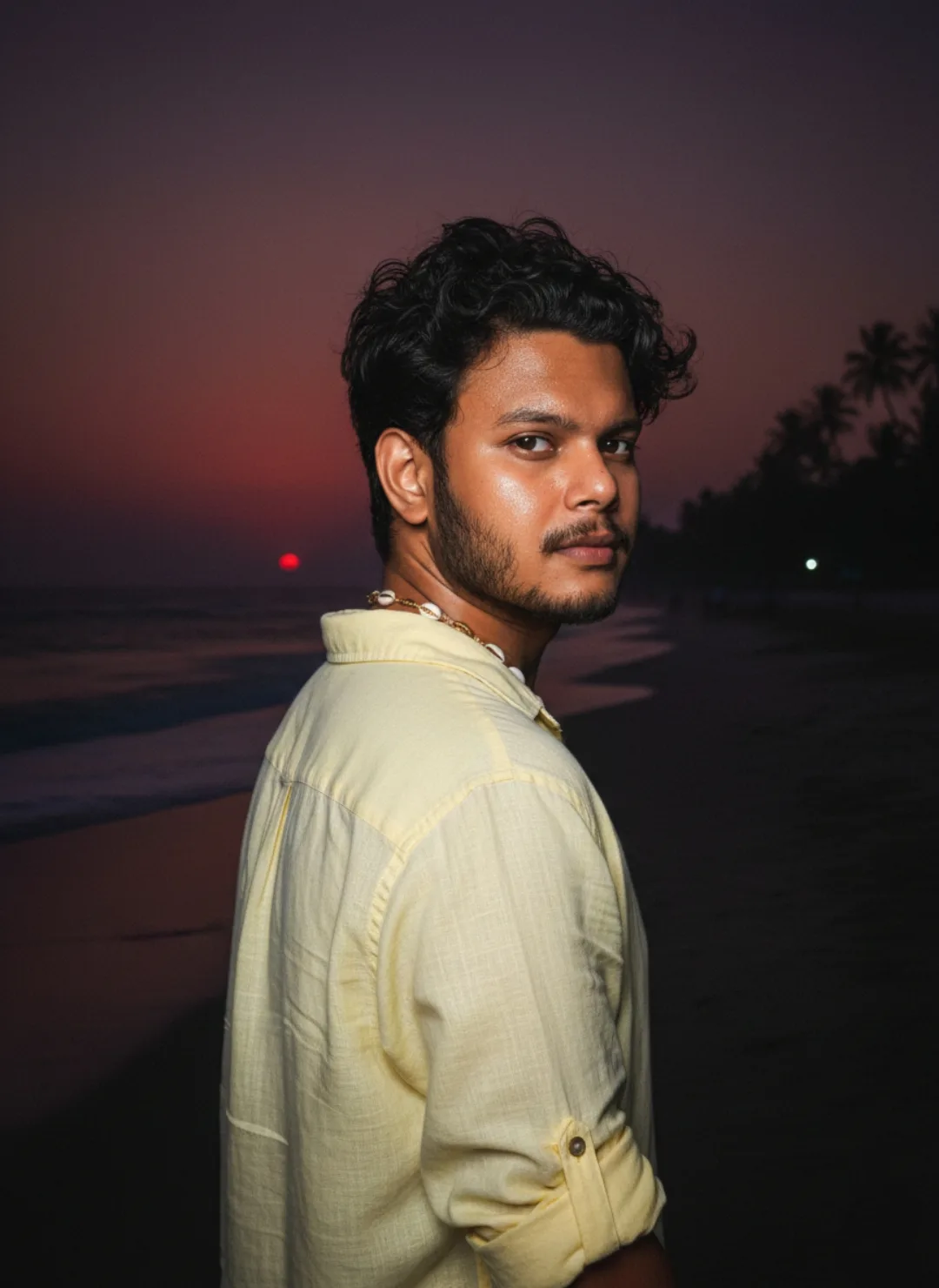 A cinematic, medium close-up portrait of a 26-year-old Indian man with a height of 5 feet 5 inches, featuring distinct facial features