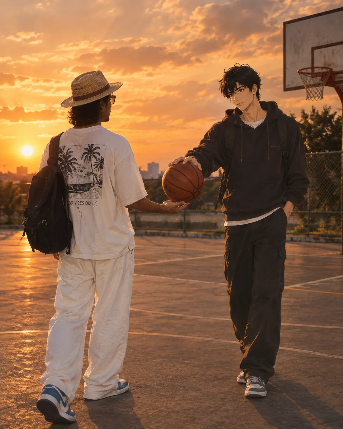 Photorealistic sunset basketball court, 4:5.