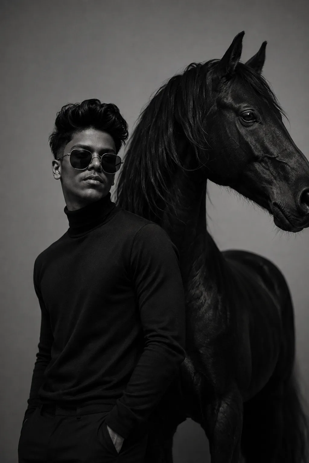 Ultra-realistic cinematic black-and-white fashion portrait of a young man standing confidently beside a majestic black horse.