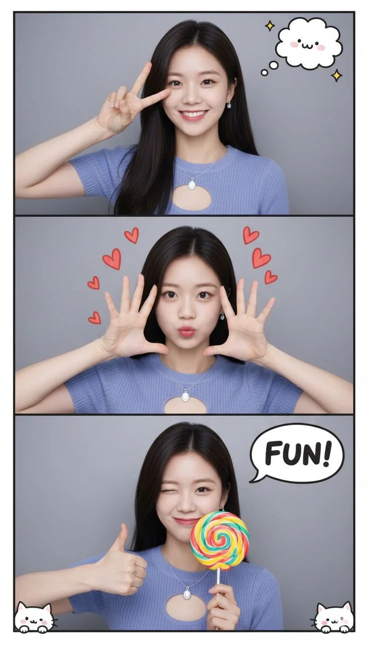 Create a vertical 3-panel Korean-inspired cute photo-booth collage featuring the woman from my uploaded photo.