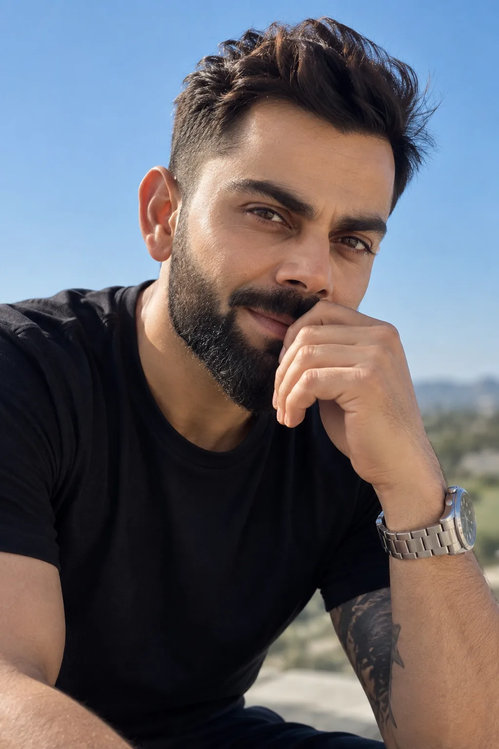 Create an ultra-realistic, high-end cinematic outdoor masculine portrait using my uploaded photo as the exact identity reference.