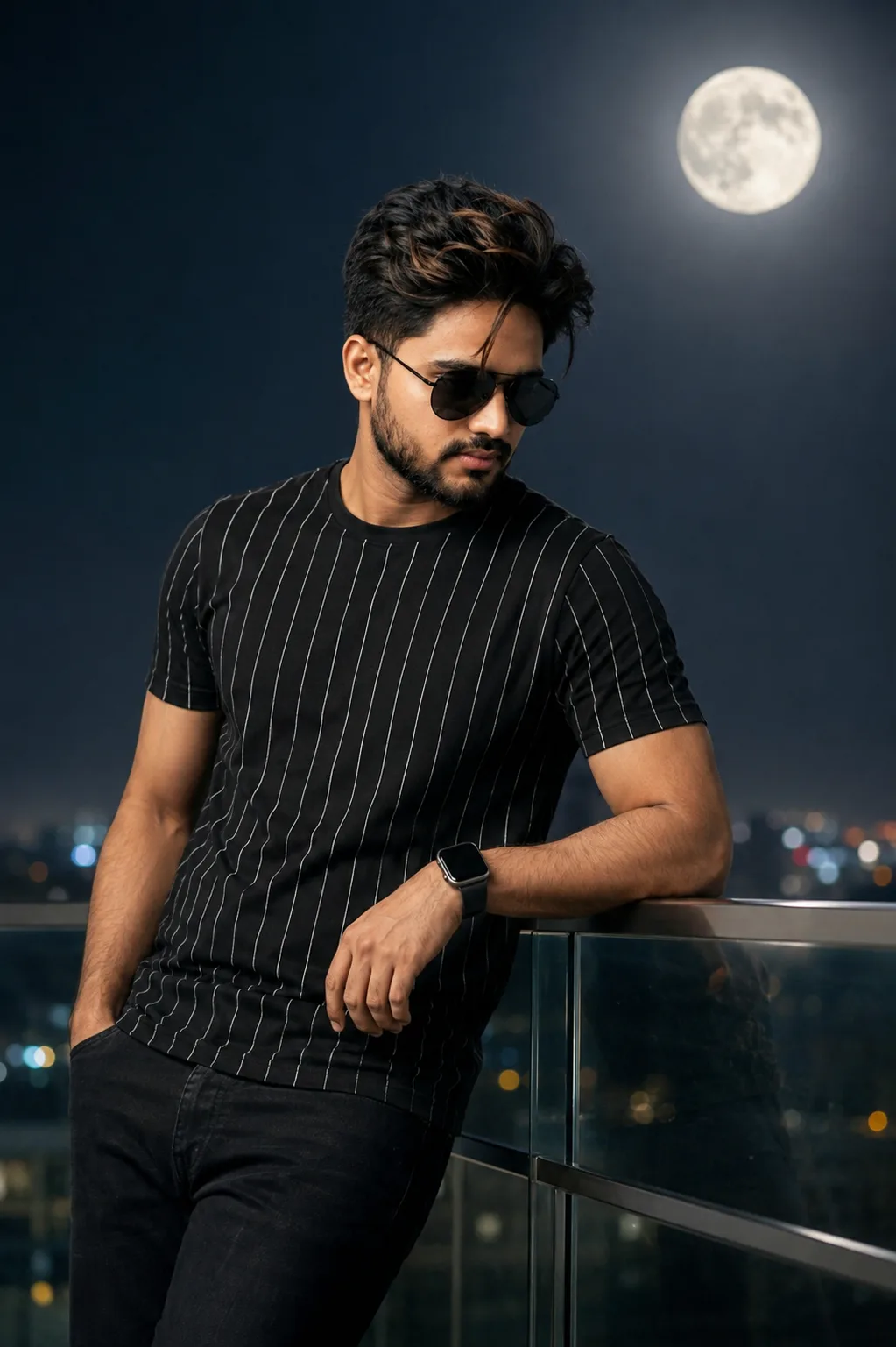A high-quality, realistic cinematic portrait of a handsome young Pakistani man leaning casually against a modern glass balcony railing at