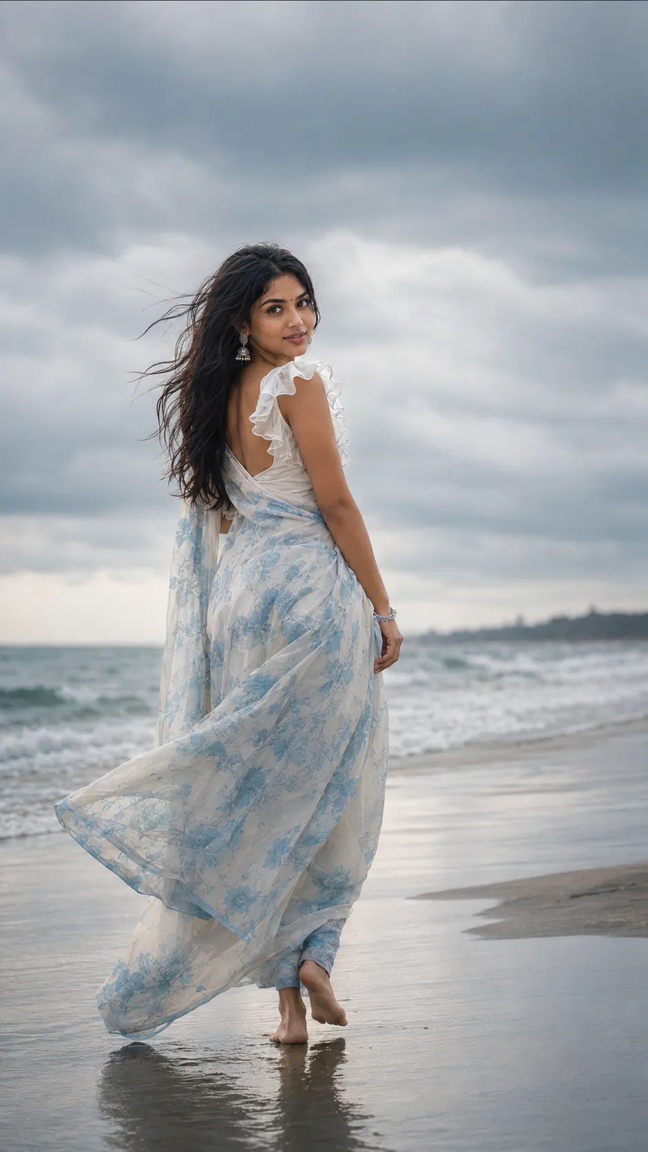 ✨✨✨ Beautiful Sea ⛵ Prompt 👇 Create a photo, A young woman walking along the shoreline on a cloudy day, wearing a white and sky blue
