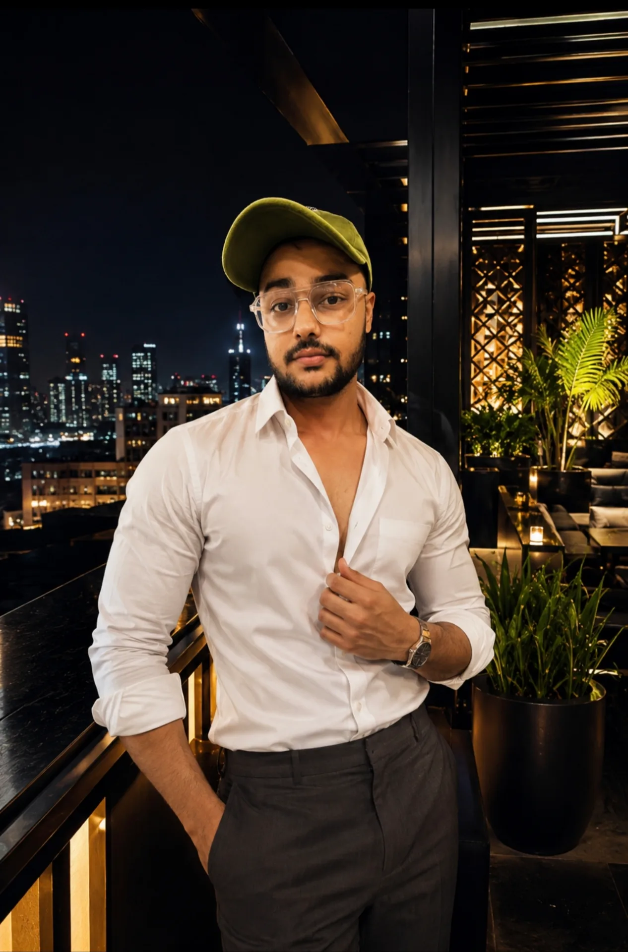 A strikingly handsome young male fashion model standing confidently on an exclusive luxury rooftop lounge during a warm metropolitan night.