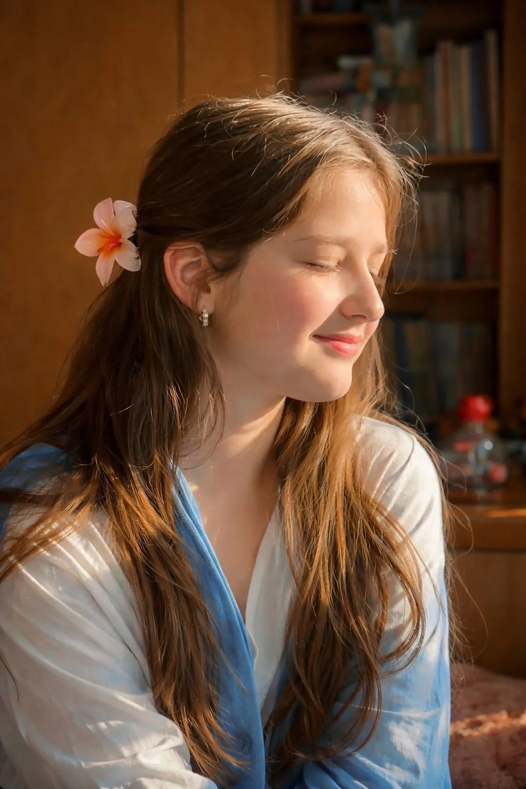 Create an ultra-realistic, warm cinematic portrait of a young woman sitting indoors near a window during golden hour.