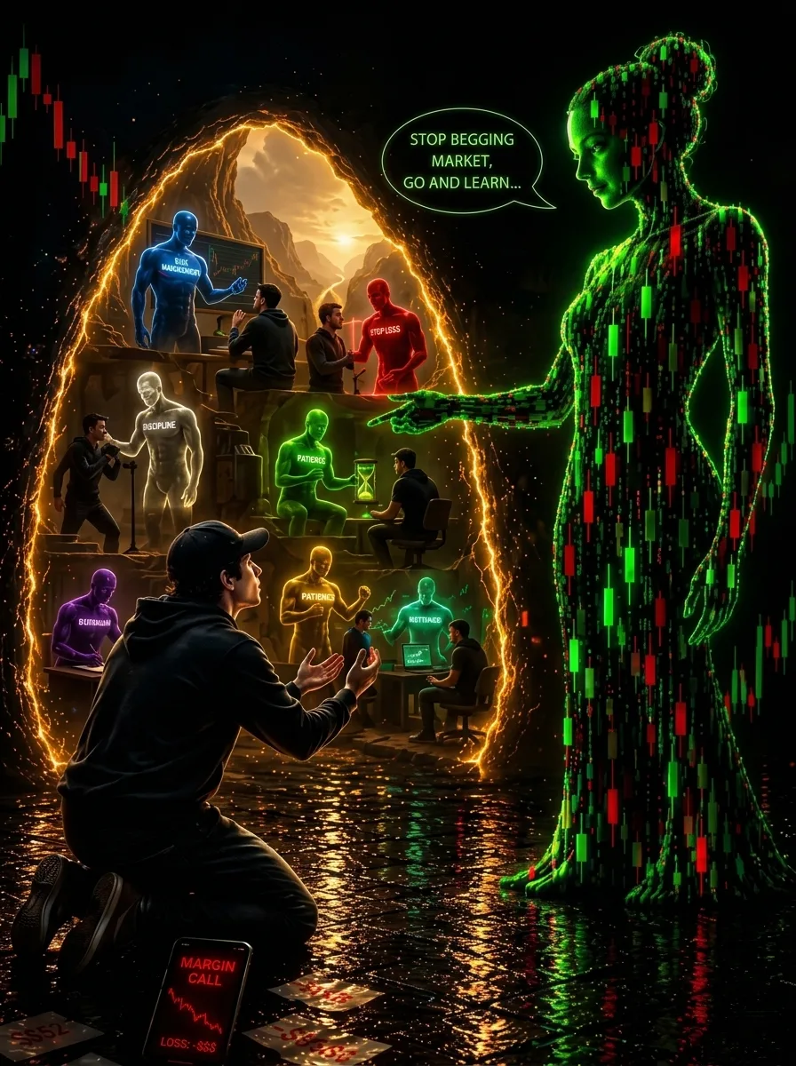 A young male trader in a black hoodie and cap kneeling on a wet floor, looking desperately into a giant glowing portal shaped like an egg.