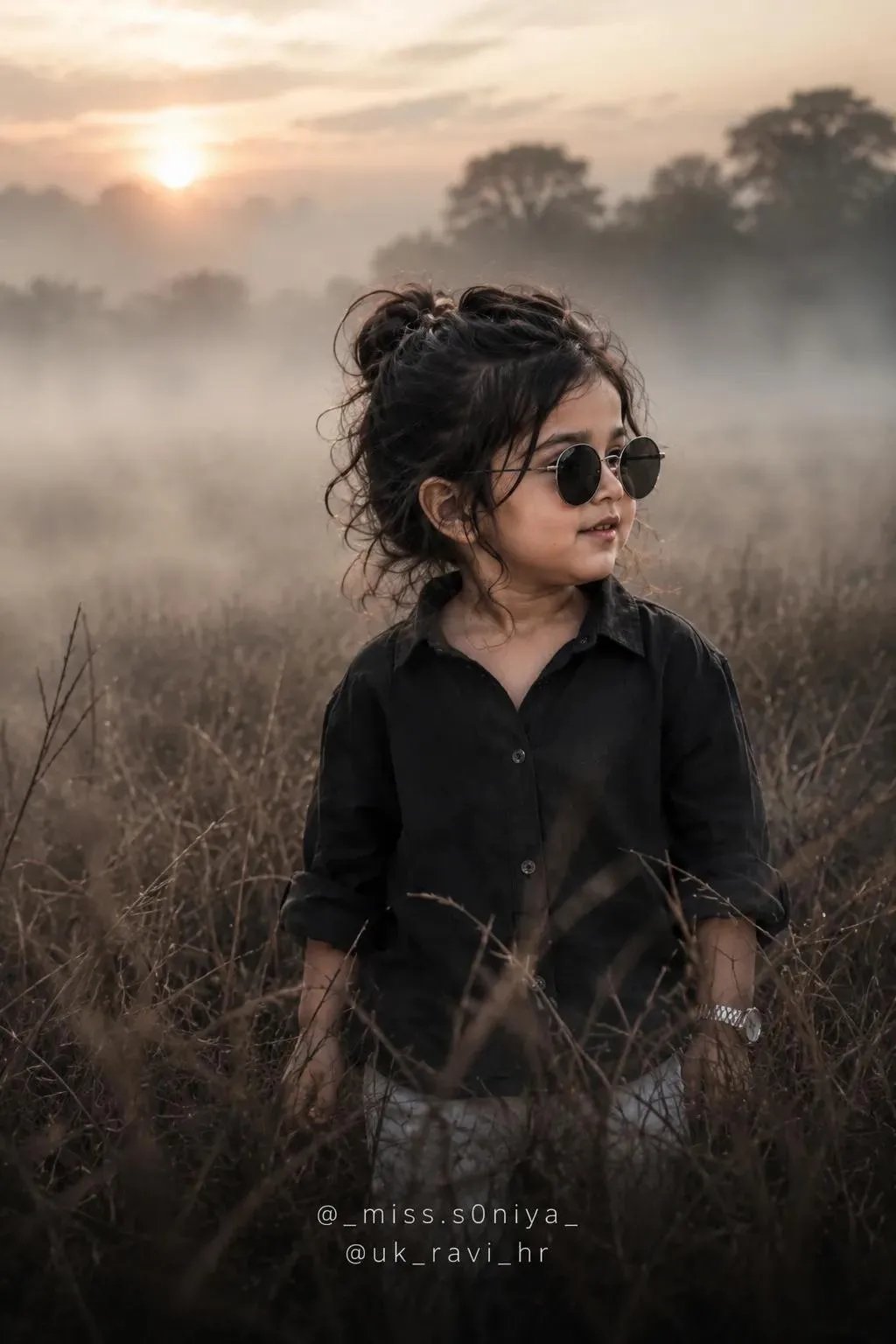 🐥PRONT🐥 Ultra-cinematic outdoor portrait of a baby girl standing alone in a wild grassy field during early dawn.