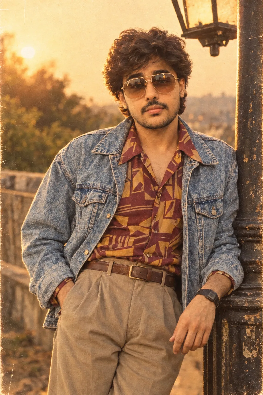 Transform the uploaded reference image into an authentic early 1990s South Asian cinema heartthrob portrait.