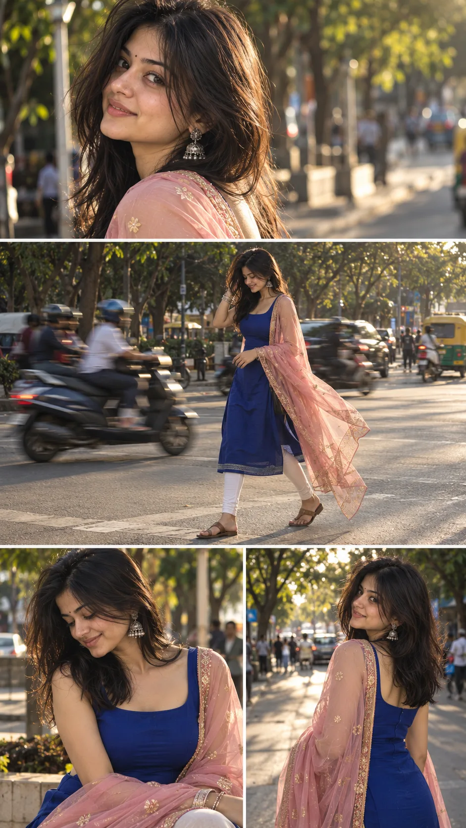 Cinematic four-panel vertical street-photography collage featuring the same young South Indian woman with dark shoulder-length hair, silver