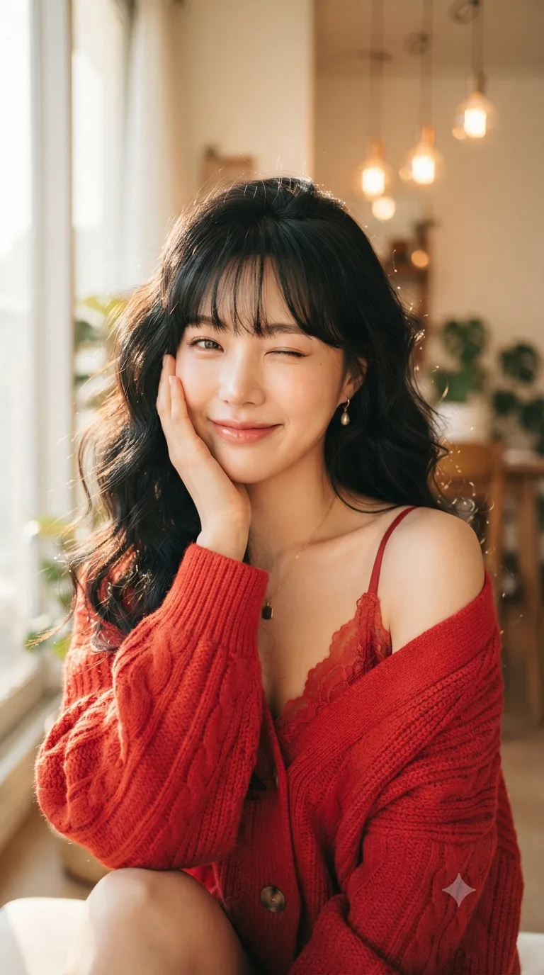 Subject & Action Portrait of a young East Asian woman, playful and charming expression with a gentle smile and one eye winking at the