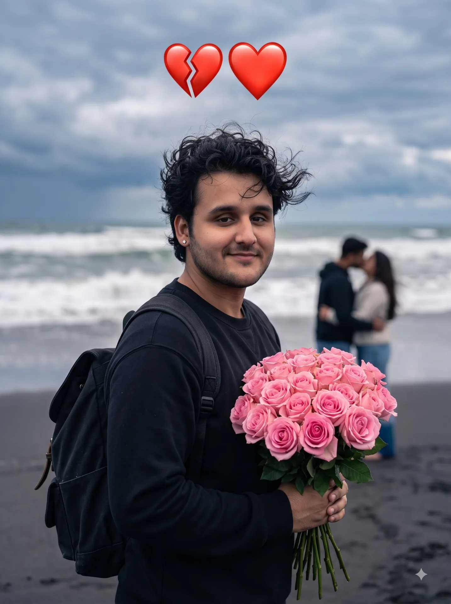 Ultra-realistic DSLR portrait of a young South Asian boy standing on a dark sandy beach, holding a bouquet of pink roses, wearing a black