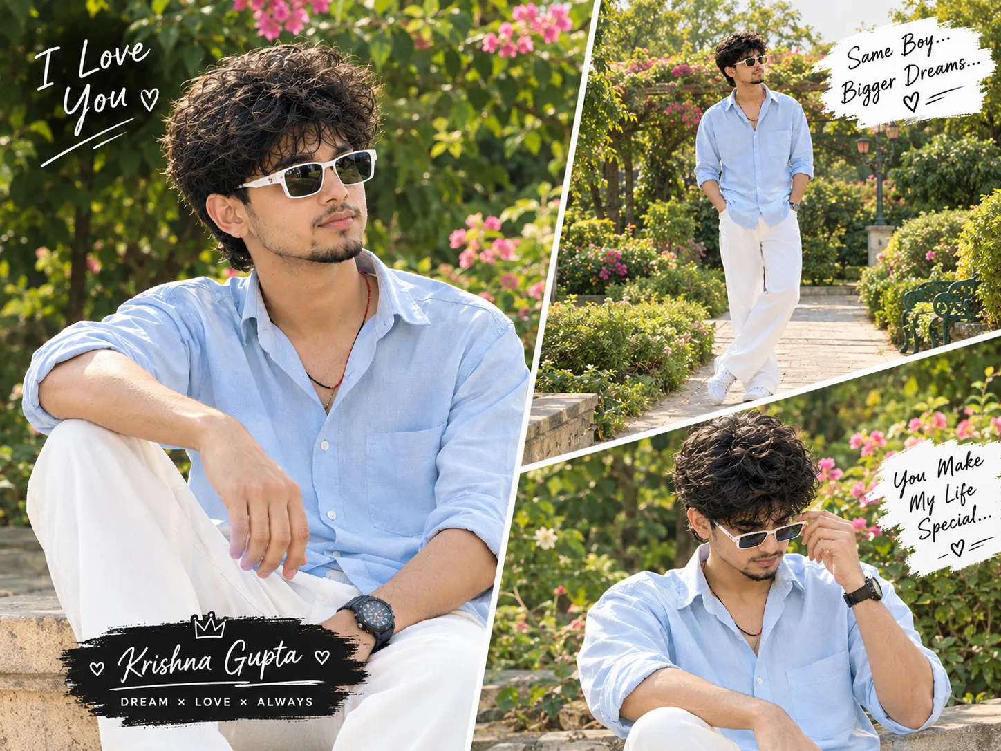 Ultra realistic photograph of a stylish young Indian man presented as a clean three-panel romantic fashion portrait collage, with the same