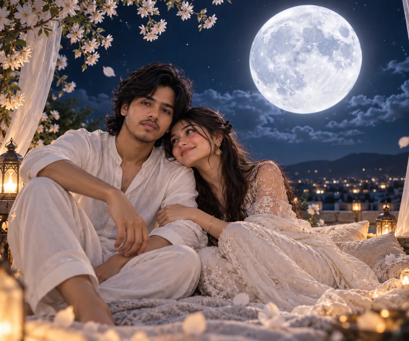 Create an ultra-realistic cinematic photograph of Samad and Sofia, a young South Asian couple, sitting closely together on a beautifully