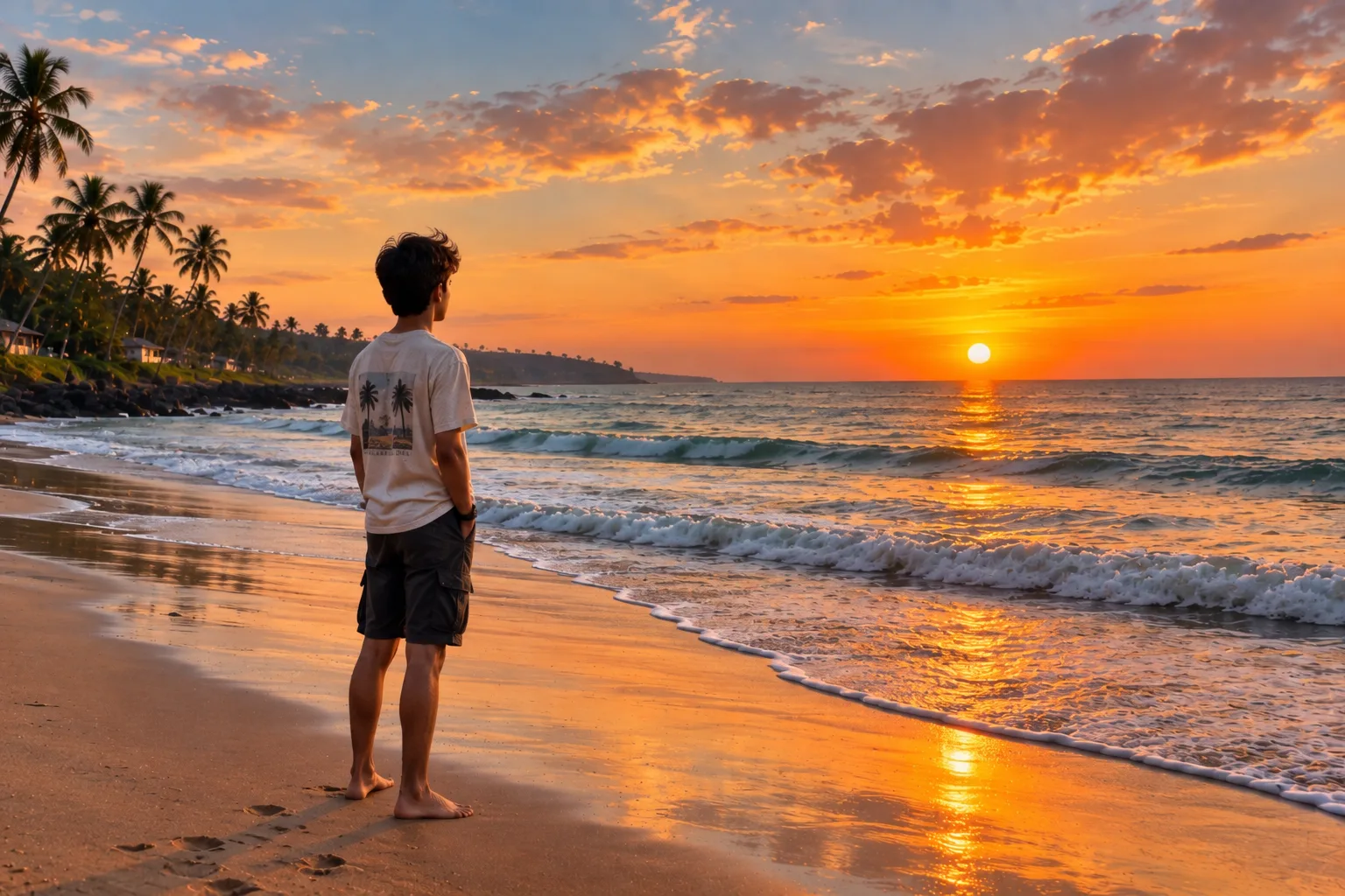 A cinematic photorealistic beach sunset with a young man standing alone on wet sand, viewed from behind, looking toward the glowing sun
