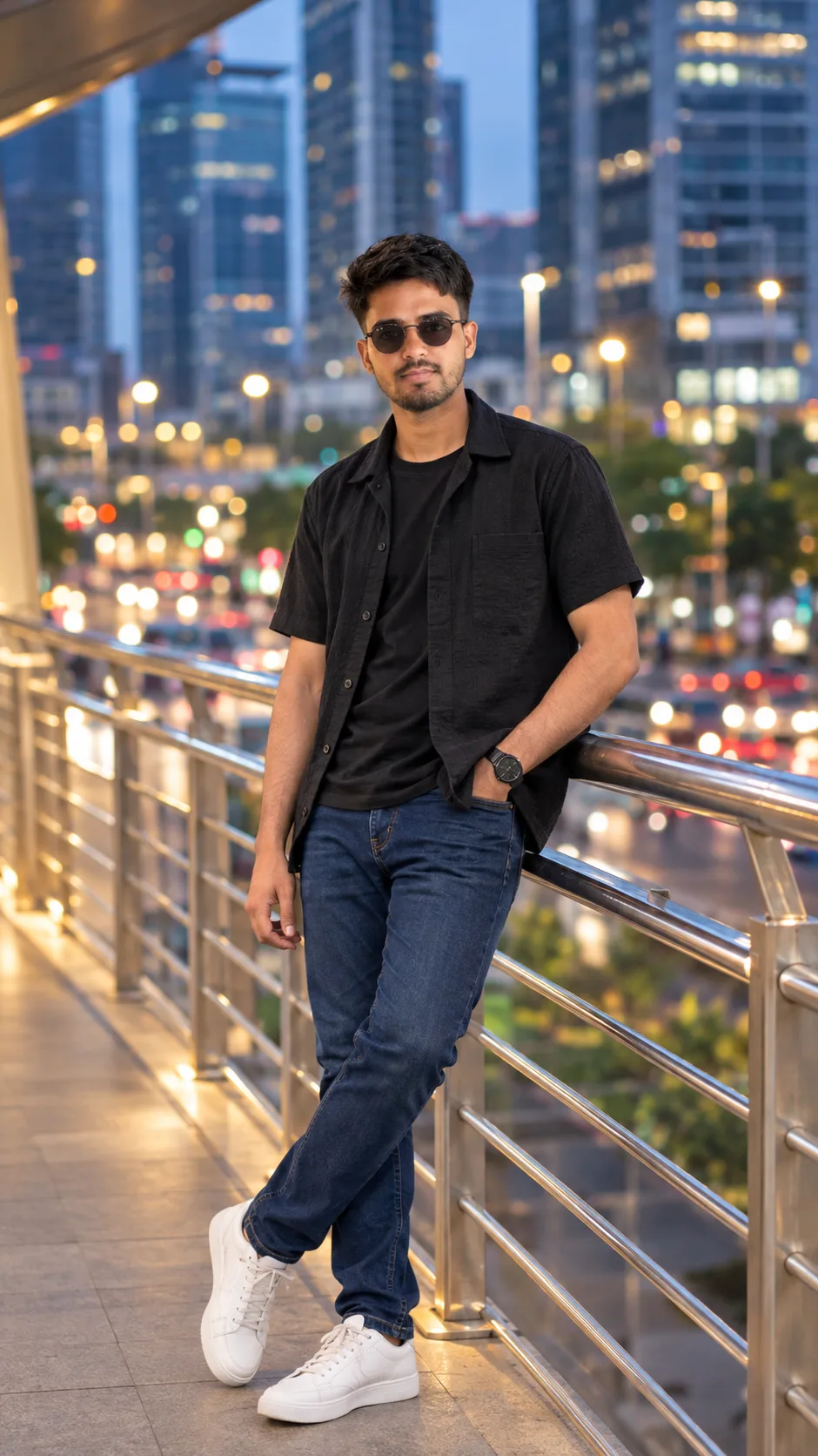 Create a photorealistic full-body fashion portrait of a stylish young South Asian man in his 20s standing casually on a modern pedestrian