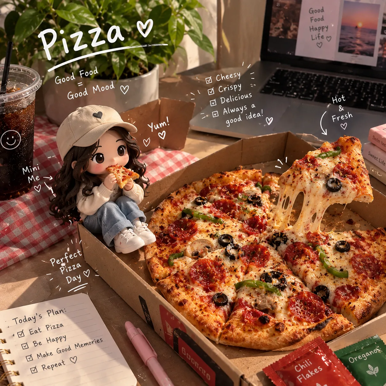 Create a photorealistic UGC-style food photograph featuring a freshly baked cheesy pizza in an open kraft pizza box.