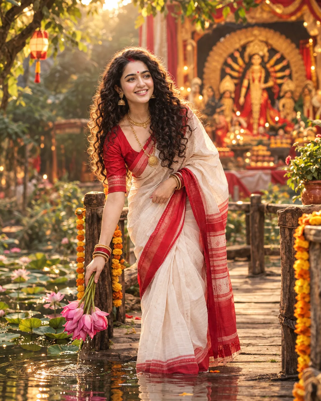 A realistic portrait of a beautiful Bengali woman during Durga Puja, wearing a traditional white and red saree (lalpaar sada sari), sindoor
